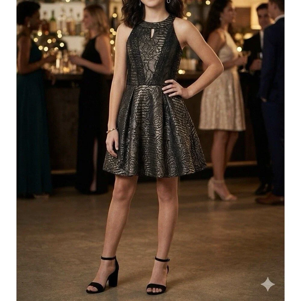 GB Girls Black Gold Metallic Rose Floral Halter Fit Flare Party Dress Medium